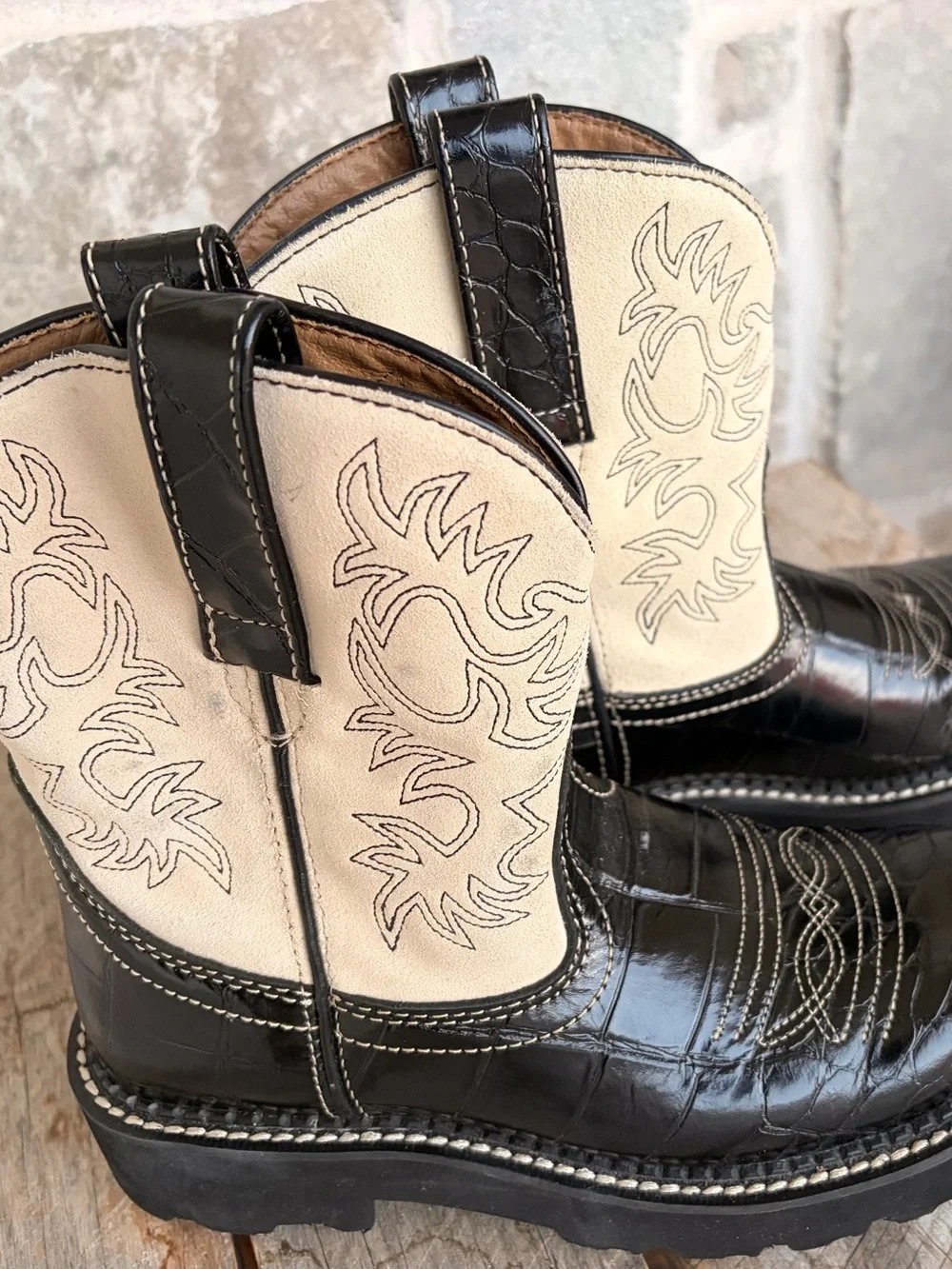 Ariat Fatbaby Kids Cowboy Boots Black Cream Western Size 6